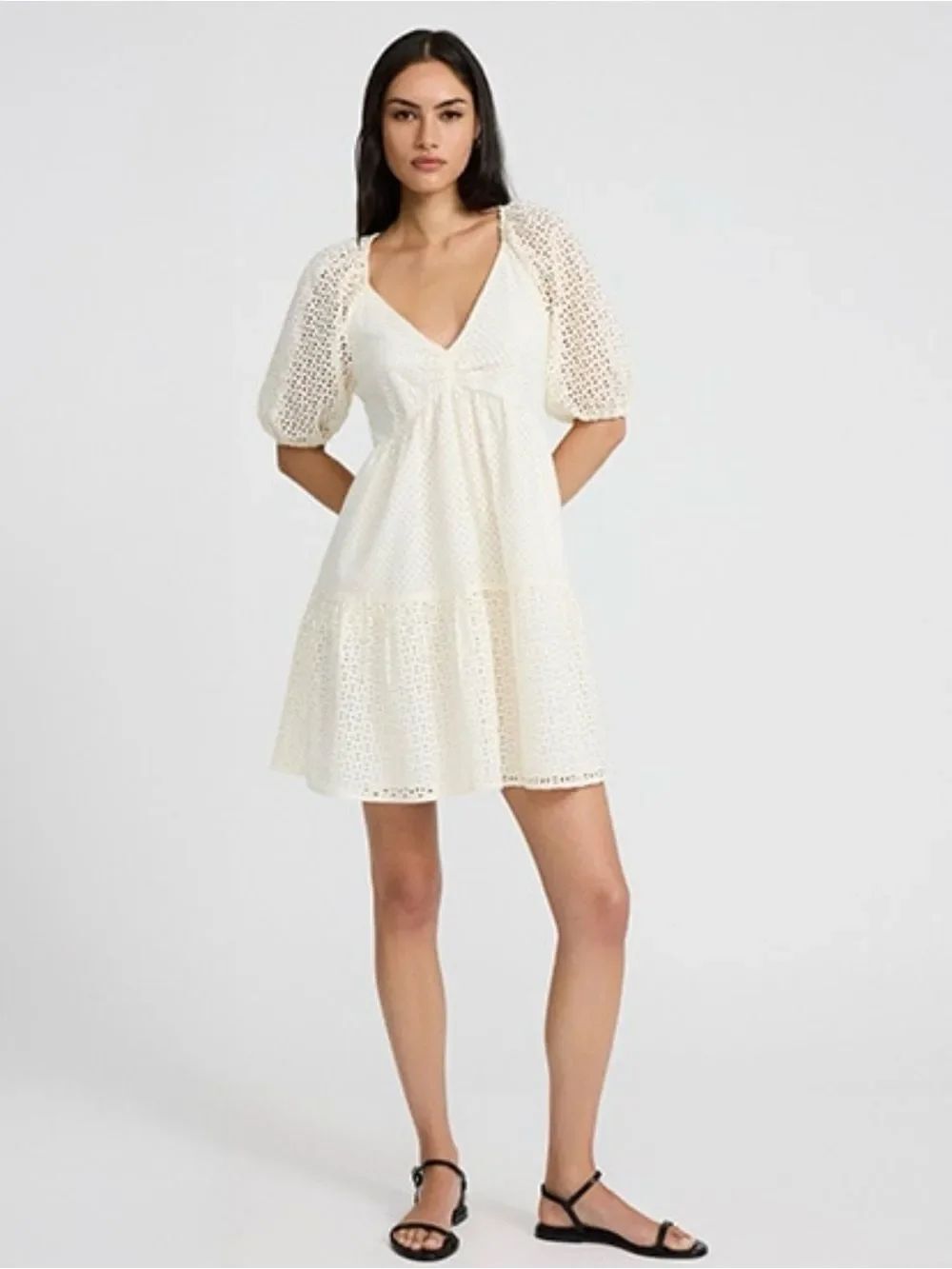 0072 Ivory Eyelet Puff-Sleeve Mini Dress